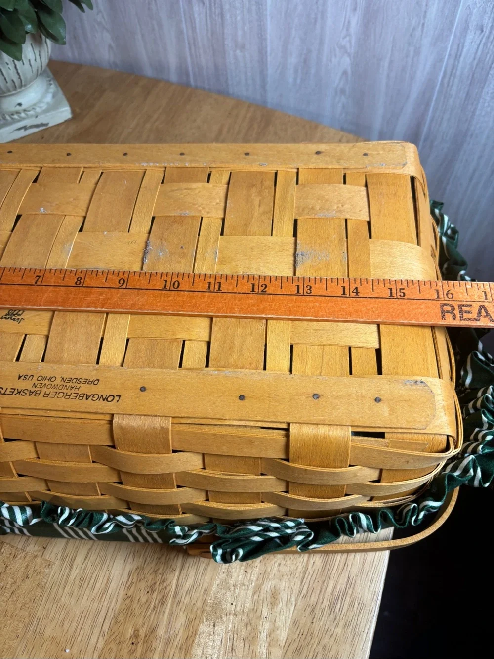 Vintage 1978 Longaberger Handwoven Basket with Original Green Striped Liner